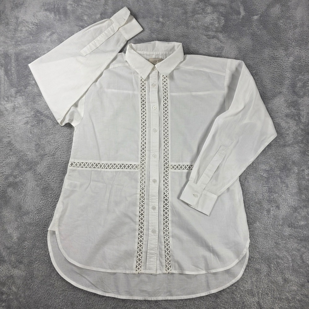 LOFT Outlet Lattice Crochet Trim Button Down Shirt White Small Boho Cotton
